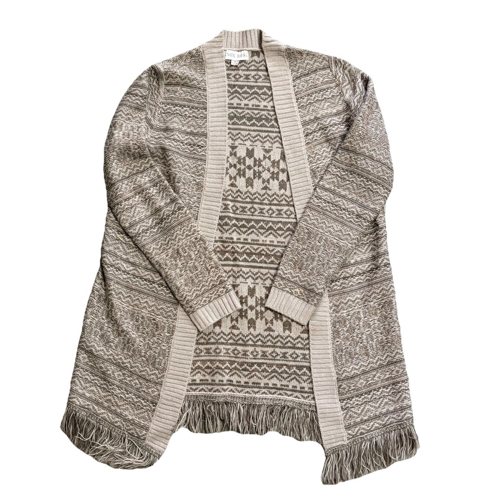 Knox Rose‎ Long Cardigan Chunky Knit Fringe Boho Bohemian Sz M Taupe Gold